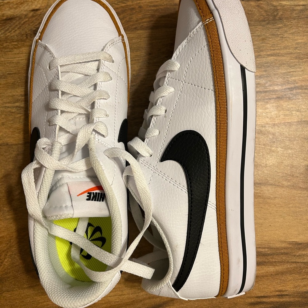 Nike Women's White and Black Court Legacy Sneakers with Brown Trim